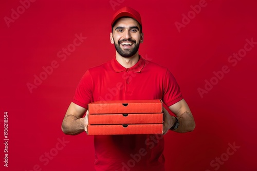 Pizza delivery man holding pizza boxes on red background fast delivery