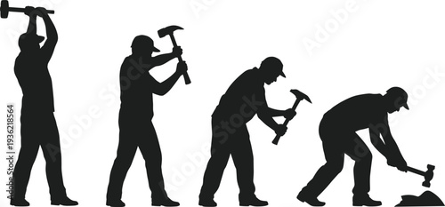 Construction worker silhouette set with hammer in progressive action poses, manual labor and building process concept vector illustration isolated on white background