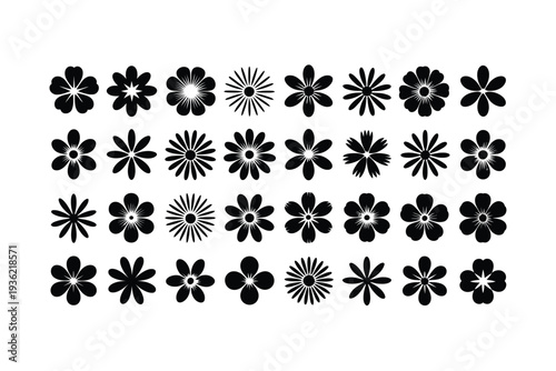 Flower icons set of black silhouettes with white details on gray