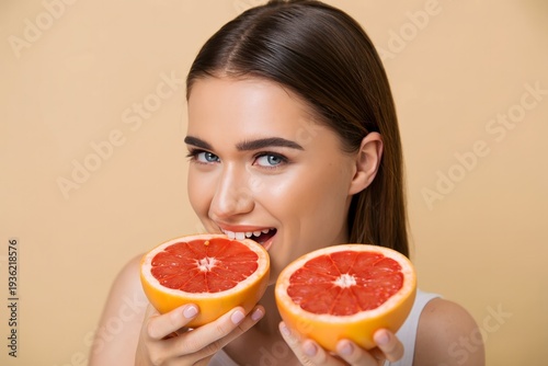 Woman eating grapefruit healthy food lifestyle diet citrus fruit snack