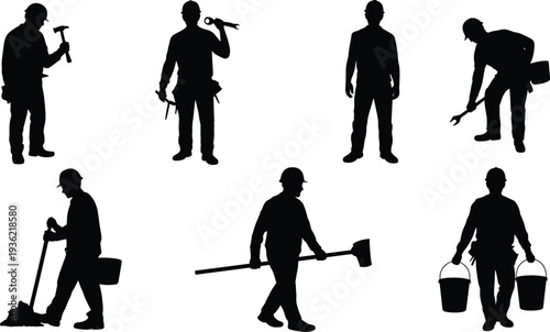 Construction worker silhouette set with tools, builder carrying hammer, wrench, shovel and buckets, industrial labor and maintenance vector illustration collection