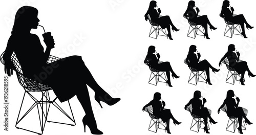 Woman sitting chair silhouettes collection, female drinking beverage pose, elegant lady relaxation illustration, black woman silhouette isolated