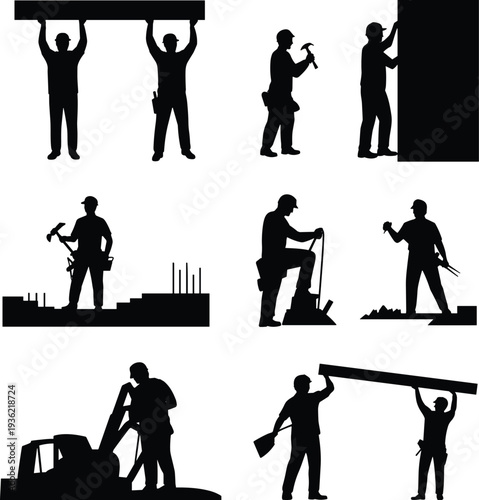 Construction worker silhouette set with various building and manual labor activities, professional builder and industrial work concept vector illustration isolated on white background