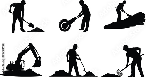 Construction worker silhouettes digging soil with shovel and rake, operating excavator and heavy equipment, earthmoving roadwork vector illustration set