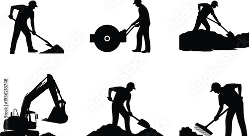 Construction worker silhouettes digging with shovel, operating excavator and rake, heavy equipment earthmoving and road work vector illustration setV