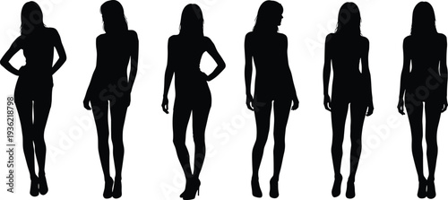 Women standing silhouettes set, female body poses collection, elegant lady figures isolated, black woman silhouette illustration for fashion design