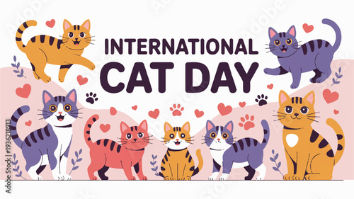 Colorful cats celebrate international cat day with hearts and flowers on pink background