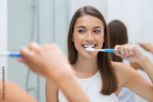 Woman brushing teeth dental care oral hygiene healthy smile morning routine