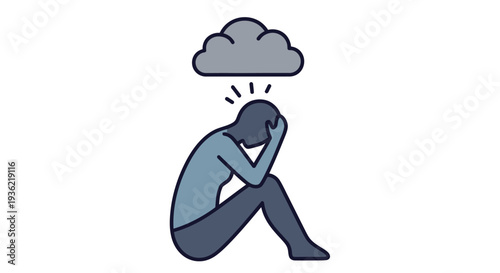 Depressed person sitting with head in hands under a rain cloud illustration