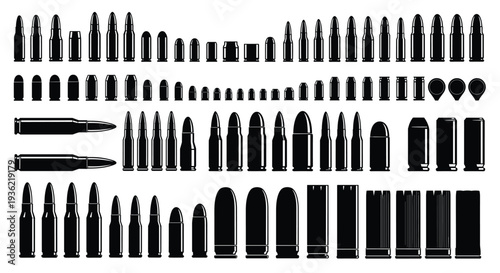 Black, silhouette, set, of, various, ammunition, bullets, and, gun, cartridges, isolated, on, white, background, for, military, shooting, and, weapon, designs,