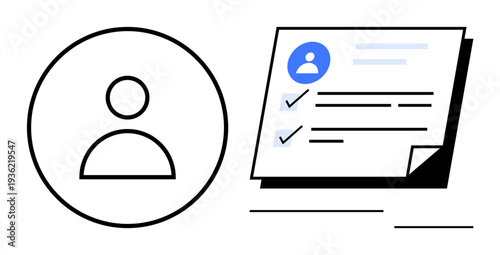 Profile icon next to checklist featuring tasks and personal details. Ideal for organization, productivity, HR, onboarding, documentation, planning, assessment. Simple flat metaphor