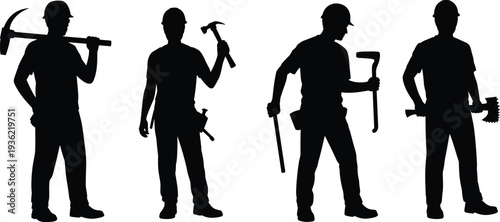 Construction worker silhouettes holding hammer, pickaxe and crowbar tools, professional builder and handyman labor concept vector illustration set