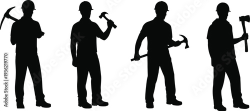 Construction worker silhouettes holding pickaxe, hammer and axe, professional builder manual labor and demolition tools vector illustration set