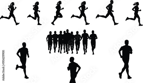Diverse Collection of Professional Runners Silhouette Vector Illustration Set Featuring Male and Female Athletes Jogging and Sprinting for Fitness Branding Marathon Posters and Sports Backgrounds