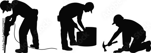 Construction worker silhouettes operating jackhammer, handling barrel and hammering ground, industrial maintenance and building repair vector illustration isolated on white