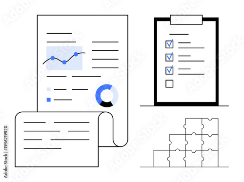 Business workflow. Business workflow reports, checklist, and puzzle pieces for process organization. Business workflow improves productivity, task management, and workflow execution. Perfect