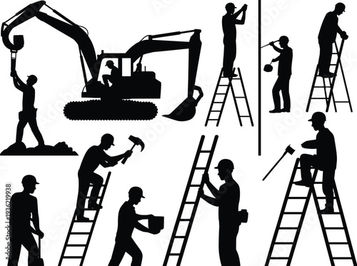 Construction worker silhouettes set with excavator and ladders, builders performing tasks with tools isolated on white background, vector illustration for industrial labor concept