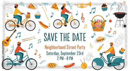Colorful Neighborhood Street Party Invitation with Bicycles and Food