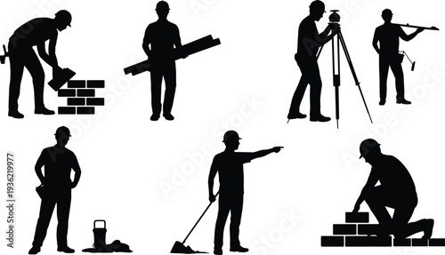 Construction worker silhouettes set, builders laying bricks, surveying and carrying materials in various professional poses isolated on white background vector illustration collection