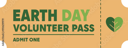 Earth Day Volunteer Pass with Green Heart Leaf Icon on Kraft Paper