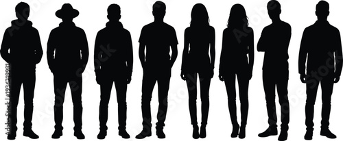 Diverse Group of Men and Women Silhouette Collection Featuring Casual Outfits and Professional Poses for Community Branding Lifestyle Graphics and Modern Character Design