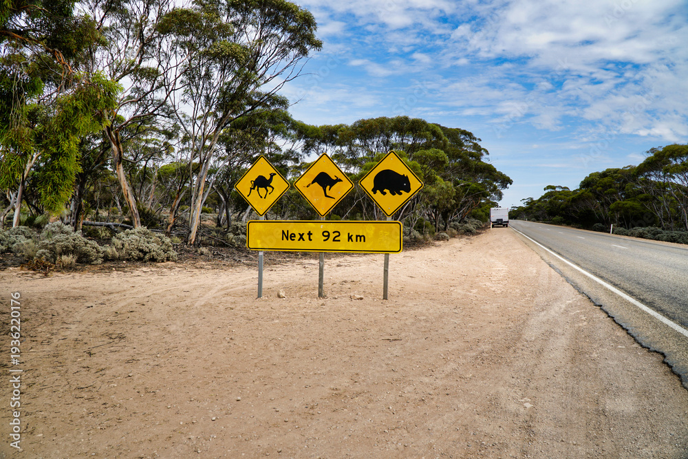 Obraz premium South Australia stray animal warning sign next 92 km on Eyre Highway