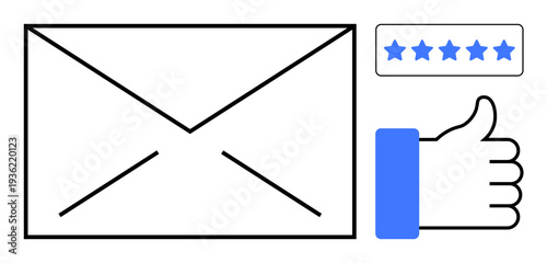 Email communication. Email symbols paired with rating stars and thumbs-up icon for feedback. Email crucial for customer engagement, ratings, and approval systems. For marketing, feedback platforms