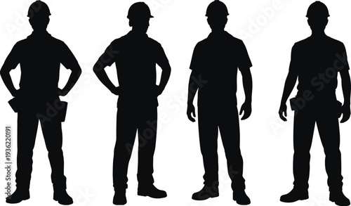 Construction worker silhouettes set, professional builders wearing hard hats standing in confident poses isolated on white background vector illustration