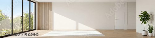  Empty room with large window, natural light, and wooden floor for background.3d render 