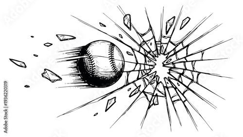 Baseball ball with shattered glass effect hand drawn sketch