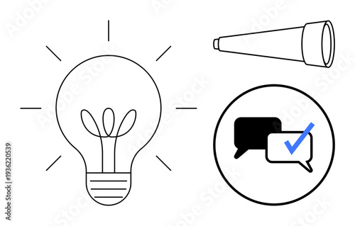 Lightbulb for creativity, telescope for foresight, speech bubbles with checkmark for collaboration. Ideal for innovation, problem-solving, teamwork, leadership, planning research. Simple flat