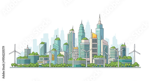 Simple flat vector of modern eco-city skyline with trees and wind turbines, clean lines.