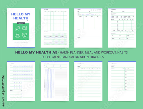 Health Planner Set. Printable Planner A5 Pages including meal and workout tracking, daily and monthly planners, habits and symptoms logs, supplements and medication trackers for wellness.
