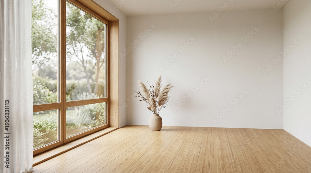 Fototapeta premium &nbsp;Empty room with large window, natural light, and wooden floor for background.3d render&nbsp;