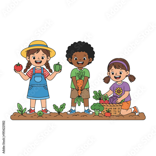 Three joyful children proudly display their bountiful harvest of fresh vegetables from a vibrant home garden, promoting healthy eating.