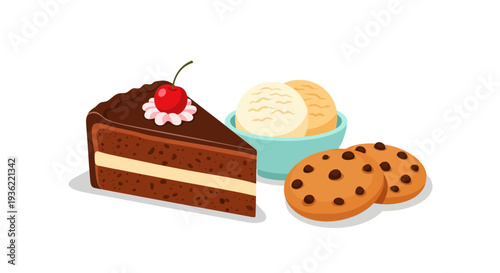 Delicious dessert setup with chocolate cake, ice cream and cookies