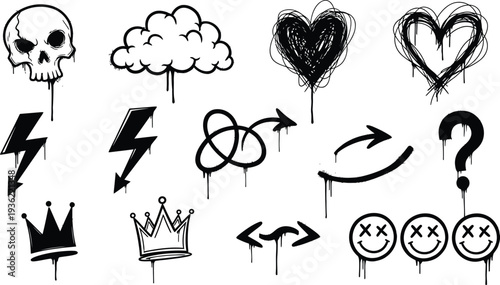 Urban Graffiti Graphics: Skull, Heart, Lightning, Arrows, Crown, Smiley Face Icons