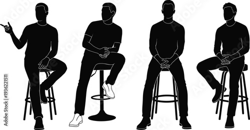 Male Silhouette Collection Featuring Men Sitting on Bar Stools in Various Poses for Casual Lifestyle Branding Office Environment Design and Modern Bar Interior Graphics