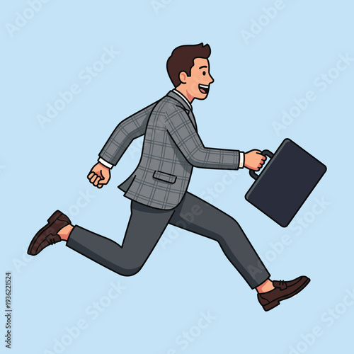 A happy businessman running quickly while holding a briefcase. Perfect for concepts of rush, success, or deadlines