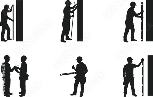 Construction worker silhouettes using spirit level for precise wall alignment, professional builder team installation and renovation process vector illustration collection