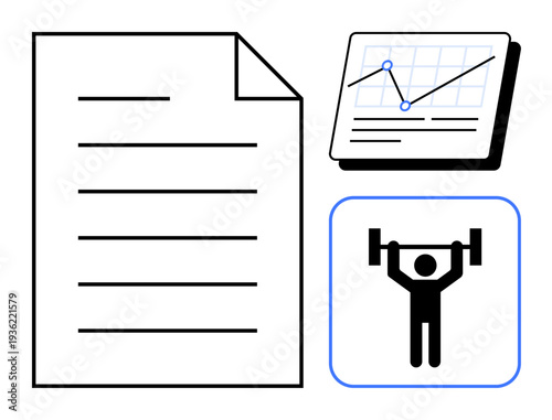 Document with text lines, graph chart with data points, and weightlifting icon symbolizing productivity, analytics, and health. Ideal for fitness tracking, goal setting, lifestyle, strategy