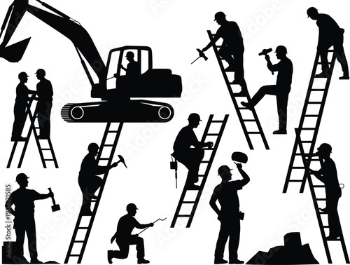 Construction worker silhouettes with excavator and ladders, builders using tools in various poses isolated on white background, vector illustration for industrial workforce concept