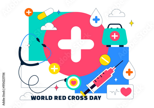 World Red Cross Day Healthcare Support With Medical Symbols Heartbeat Stethoscope And Syringe Vector Illustration For Global Awareness Campaign
