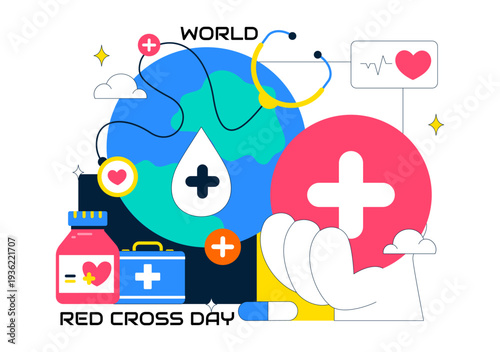 World Red Cross Day Healthcare Support With Medical Symbols Heartbeat Stethoscope And Syringe Vector Illustration For Global Awareness Campaign
