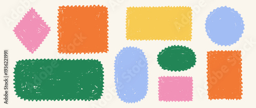 Hand drawn crayon stamps and boxes collection. Doodled rough edge borders and frames set. Colored playful sketched geometric shape pack for sticker, logo, collage, postcard, patch, label, icon. Vector