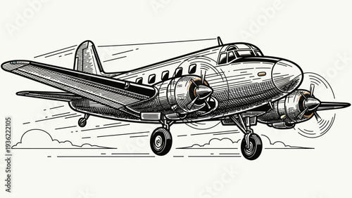 Vintage Propeller Airplane in Detailed Engraving Style.