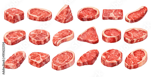 A charming watercolor collection of fresh raw beef steaks and meat cuts for butcher shop design and food illustrations.