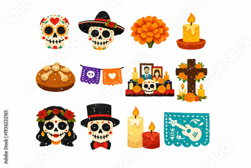 Day of the Dead Icon Set with Sugar Skulls, Marigolds, Candles, and Altars in Distressed Flat Vector Style