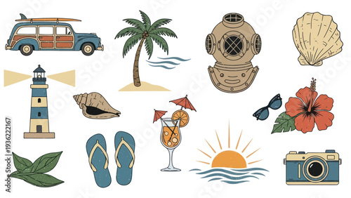 Vintage Summer Vacation Beach and Travel Icons Collection.