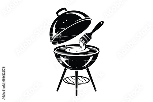 Grill vector illustration of a barbecue with an open lid and brush